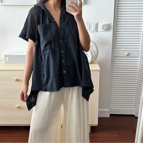 NEW Free People Tunic Womens Medium 100% Cotton Lagenlook Hooded Mesh Top Blouse - Picture 3 of 11